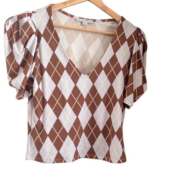 Haute Monde Brown and Light Blue Argyle Plaid Print Crop Top Size Medium NWT - Picture 2 of 11